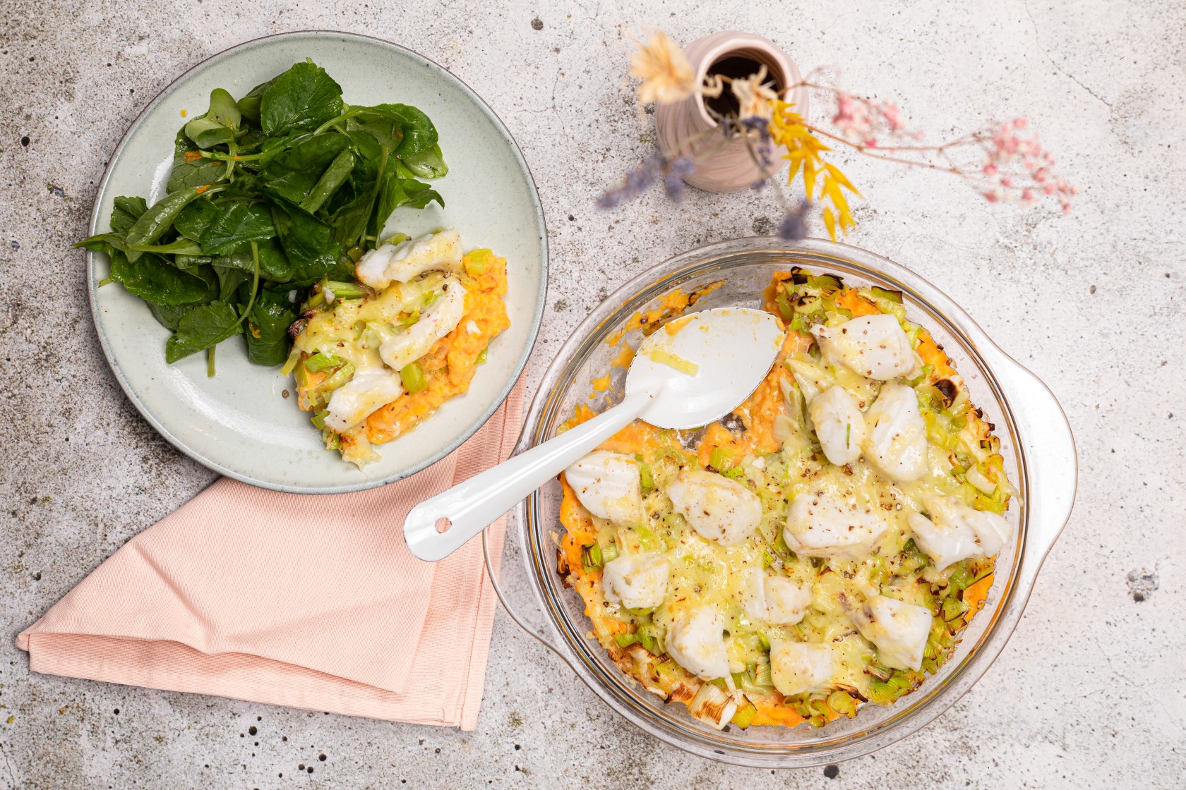 Zoete aardappelschotel met lengfilet