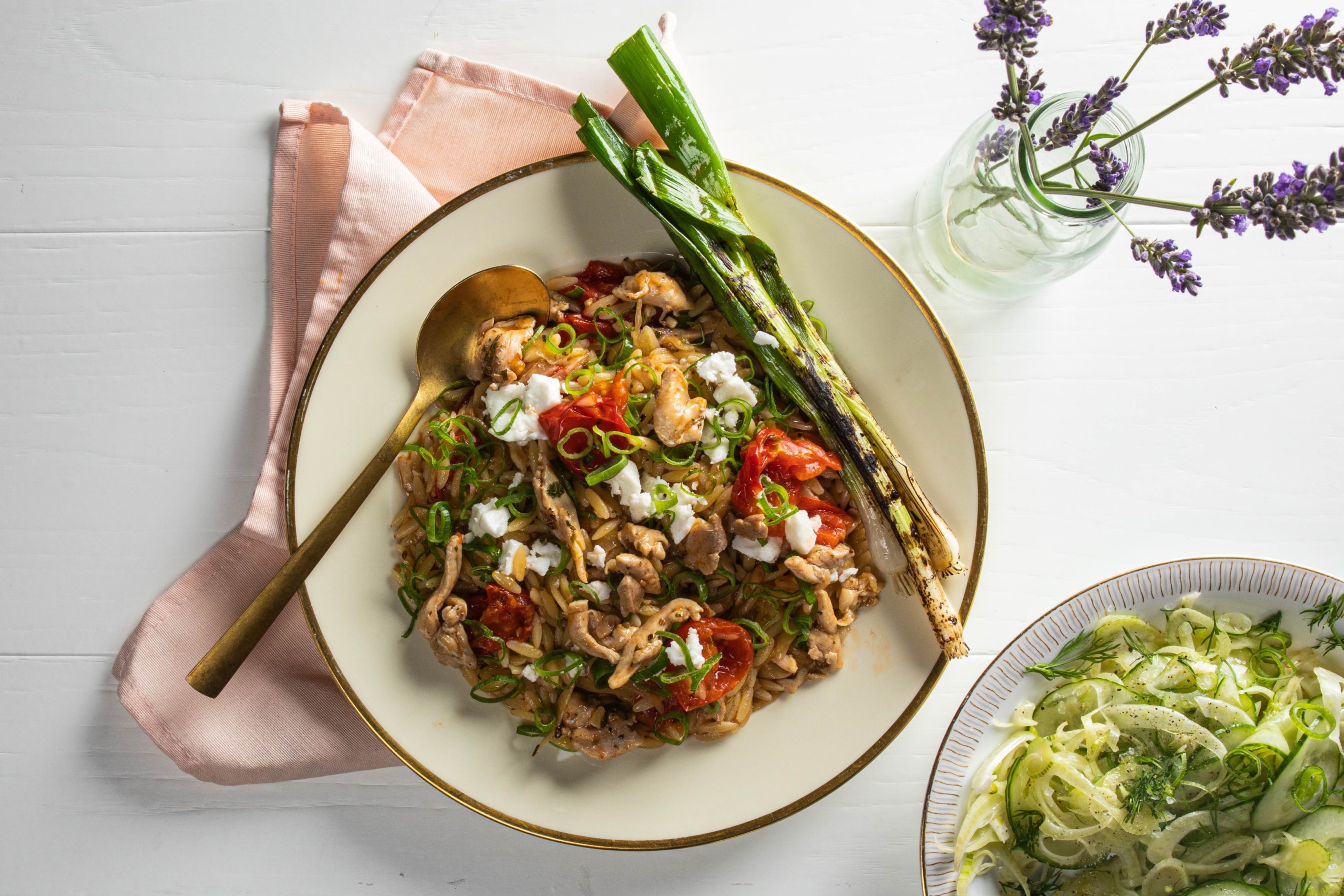 Orzo schotel met tomaat, kip en venkel