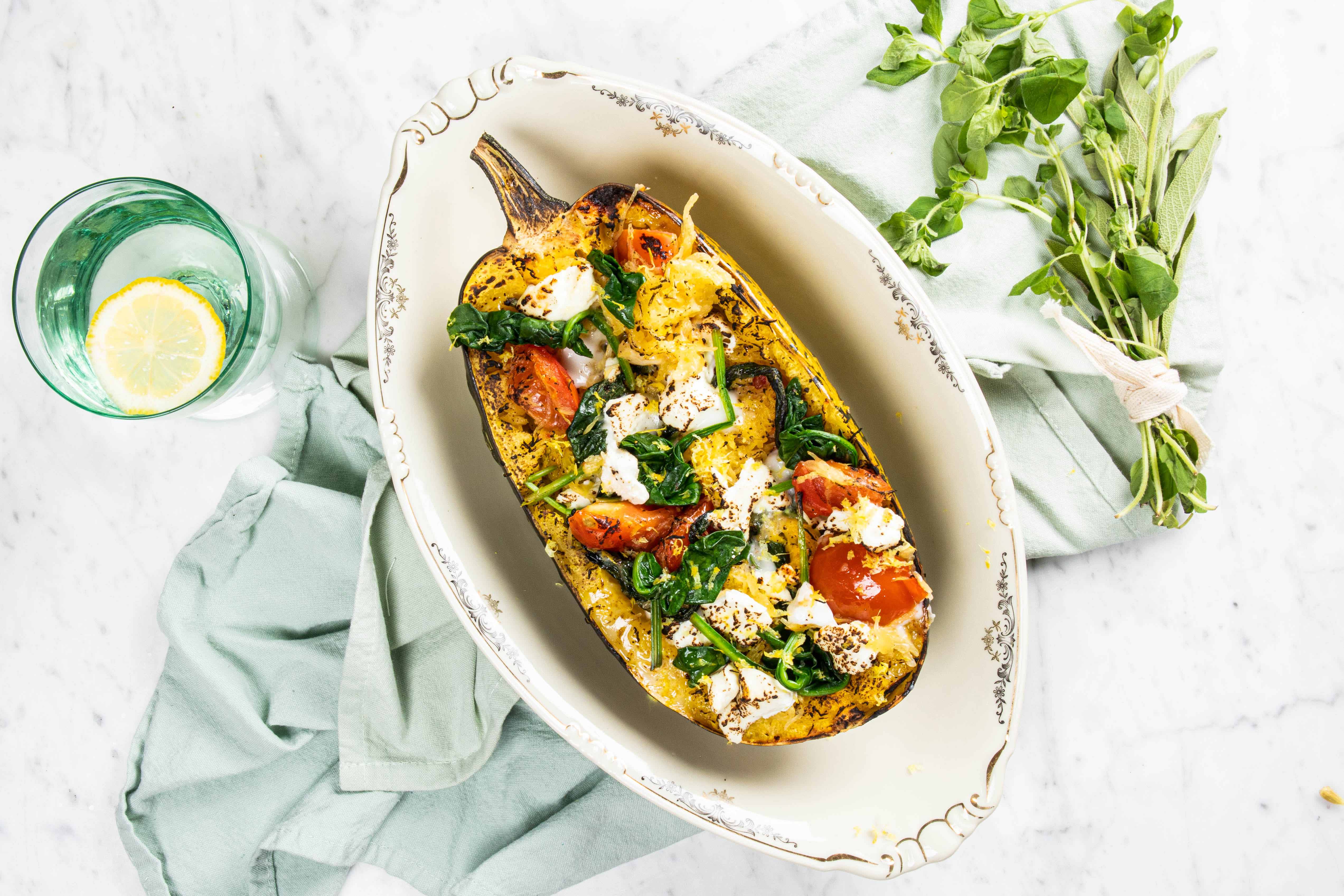 Spaghetti pompoen met geitenfeta en spinazie