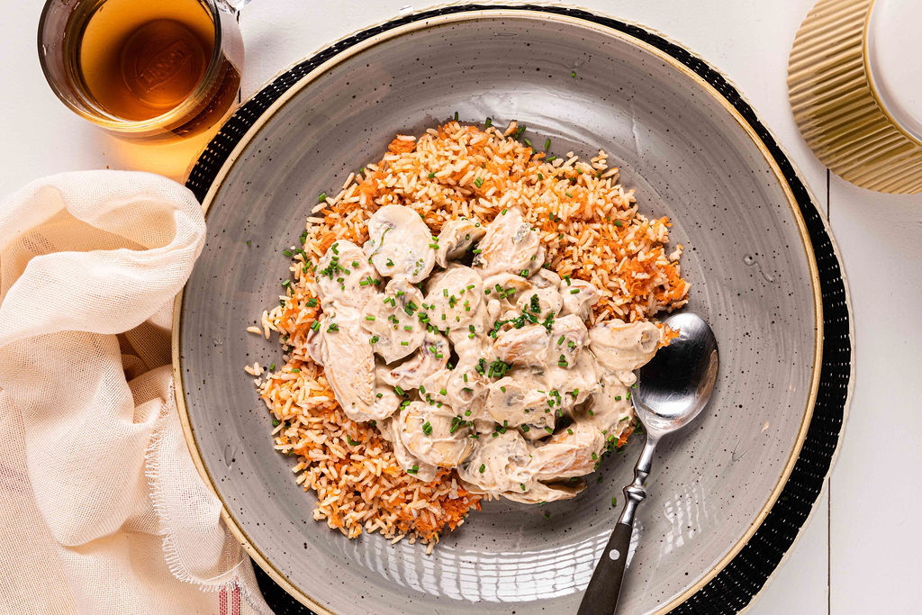 Kalkoen-champignonragout met wortelrijst