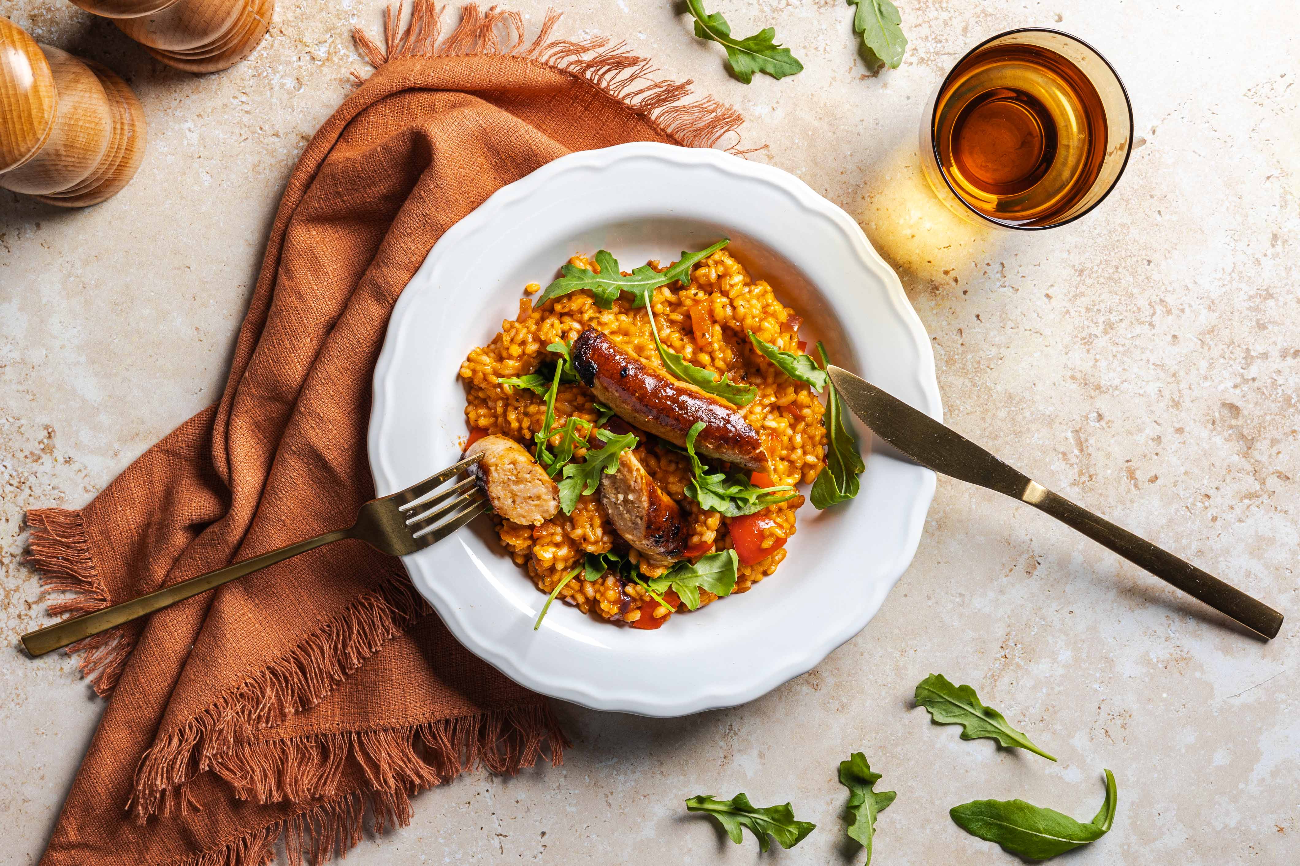 Risotto arrabiata met kalkoenworst