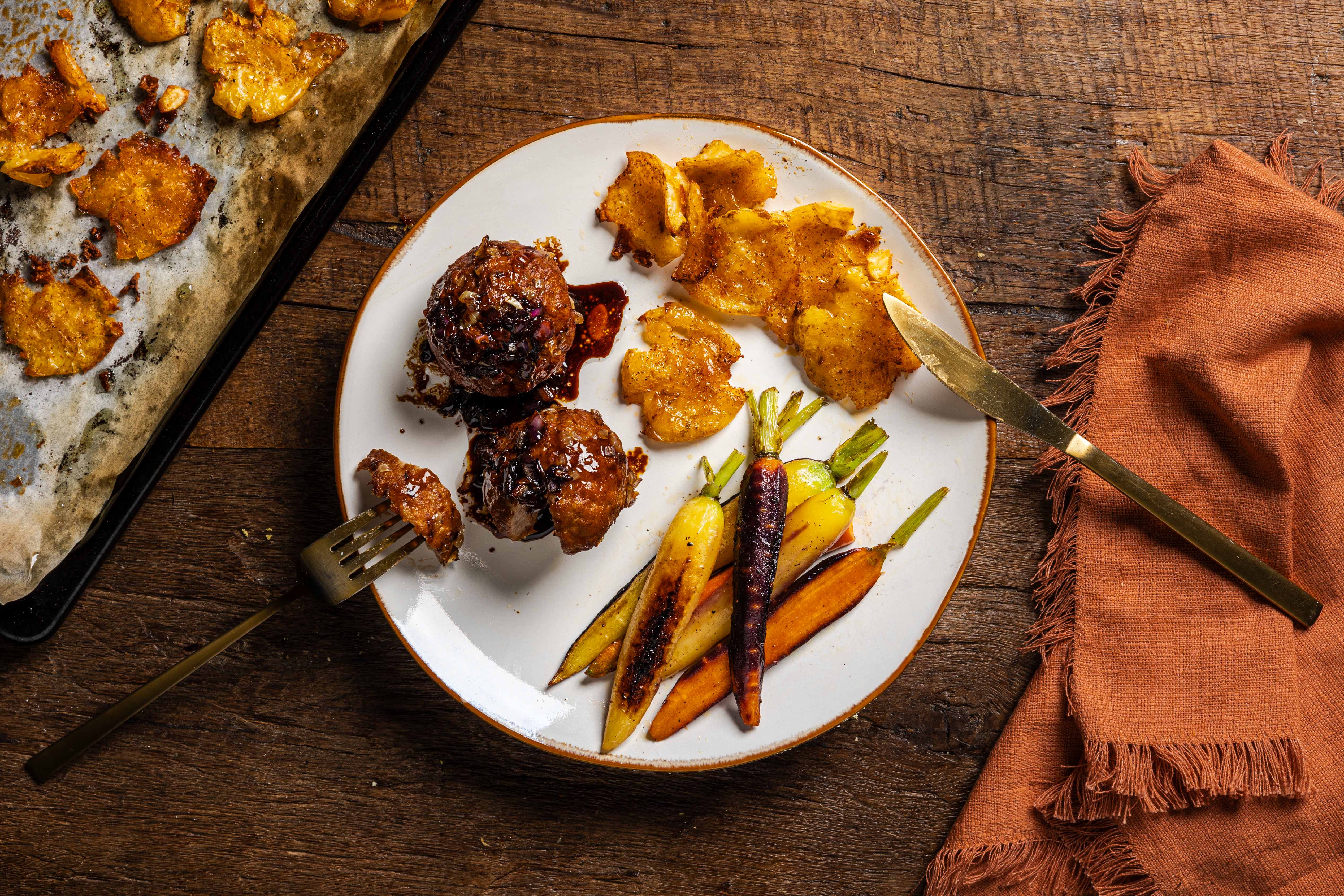 Gehaktballen met smashed potatoes