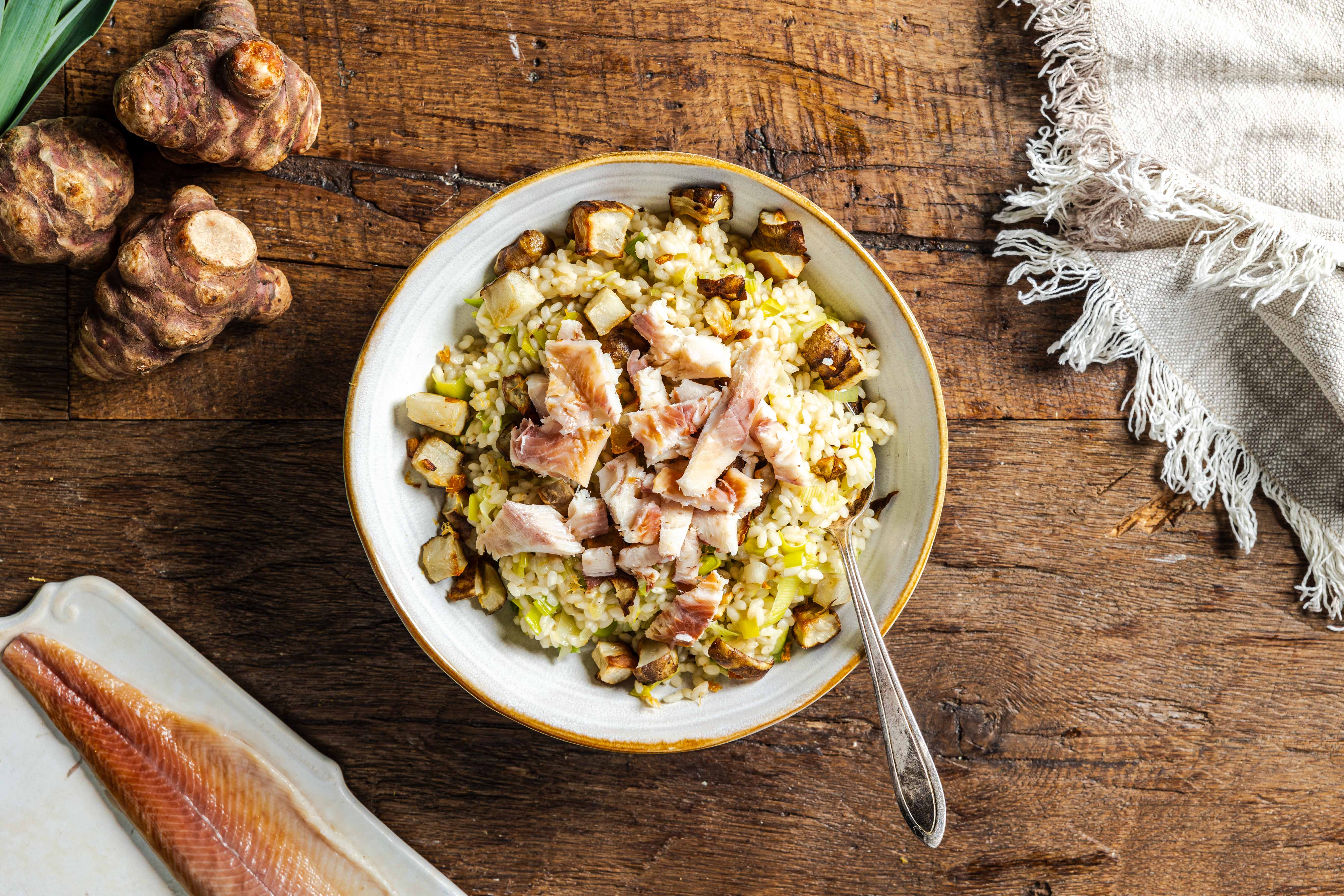 Prei risotto met geroosterde aardpeer