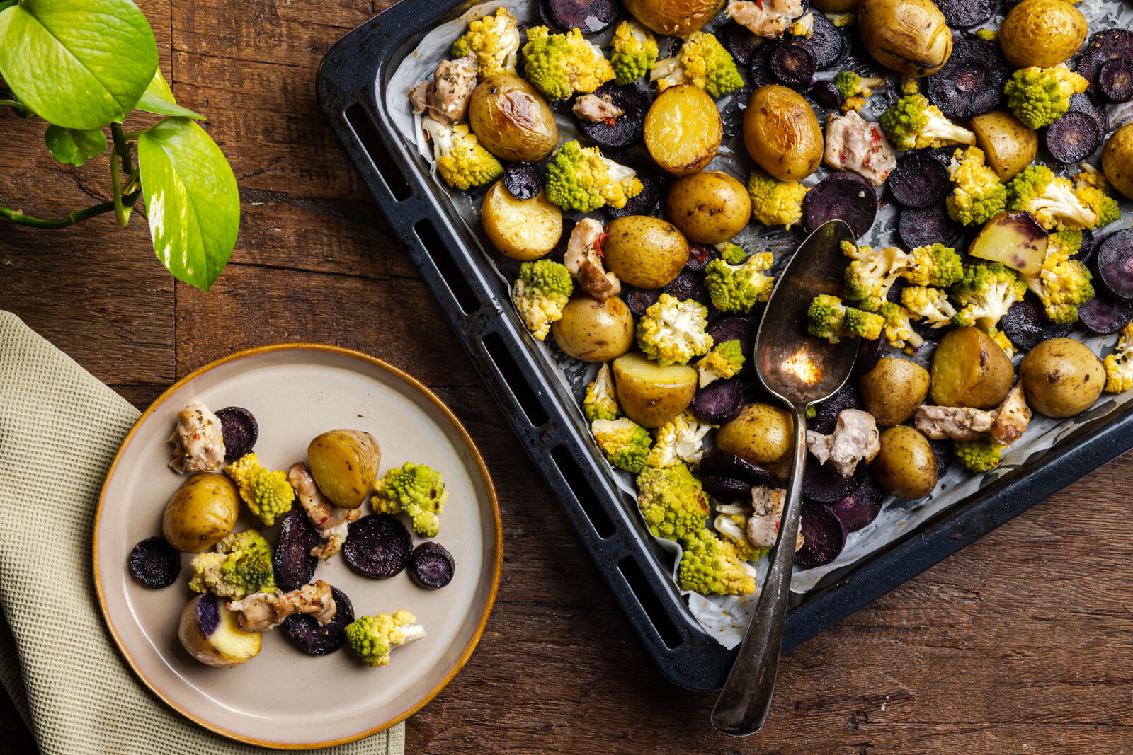 Traybake met kip, bloemkool en bieten