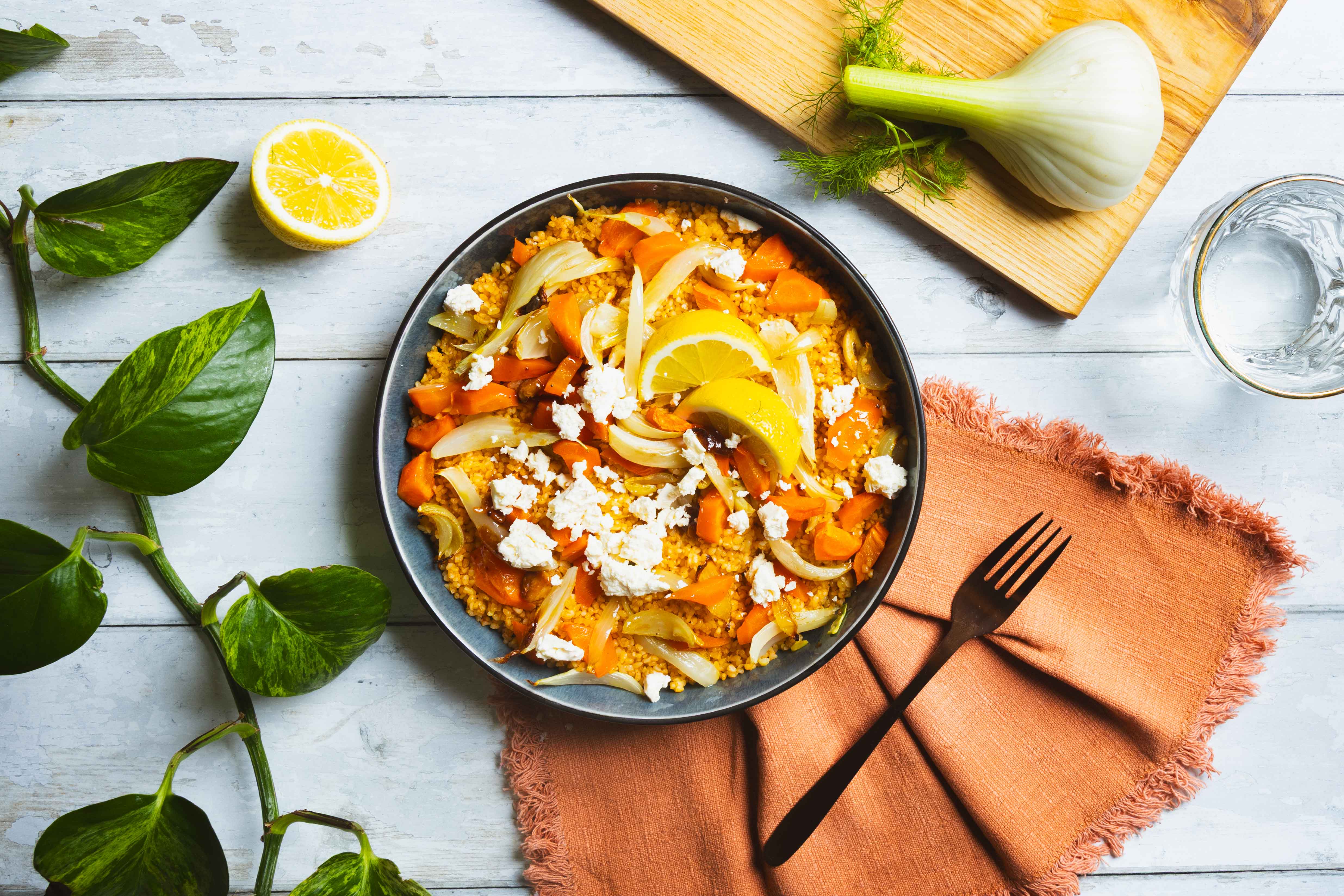 Bulgur met venkel, citroen en feta